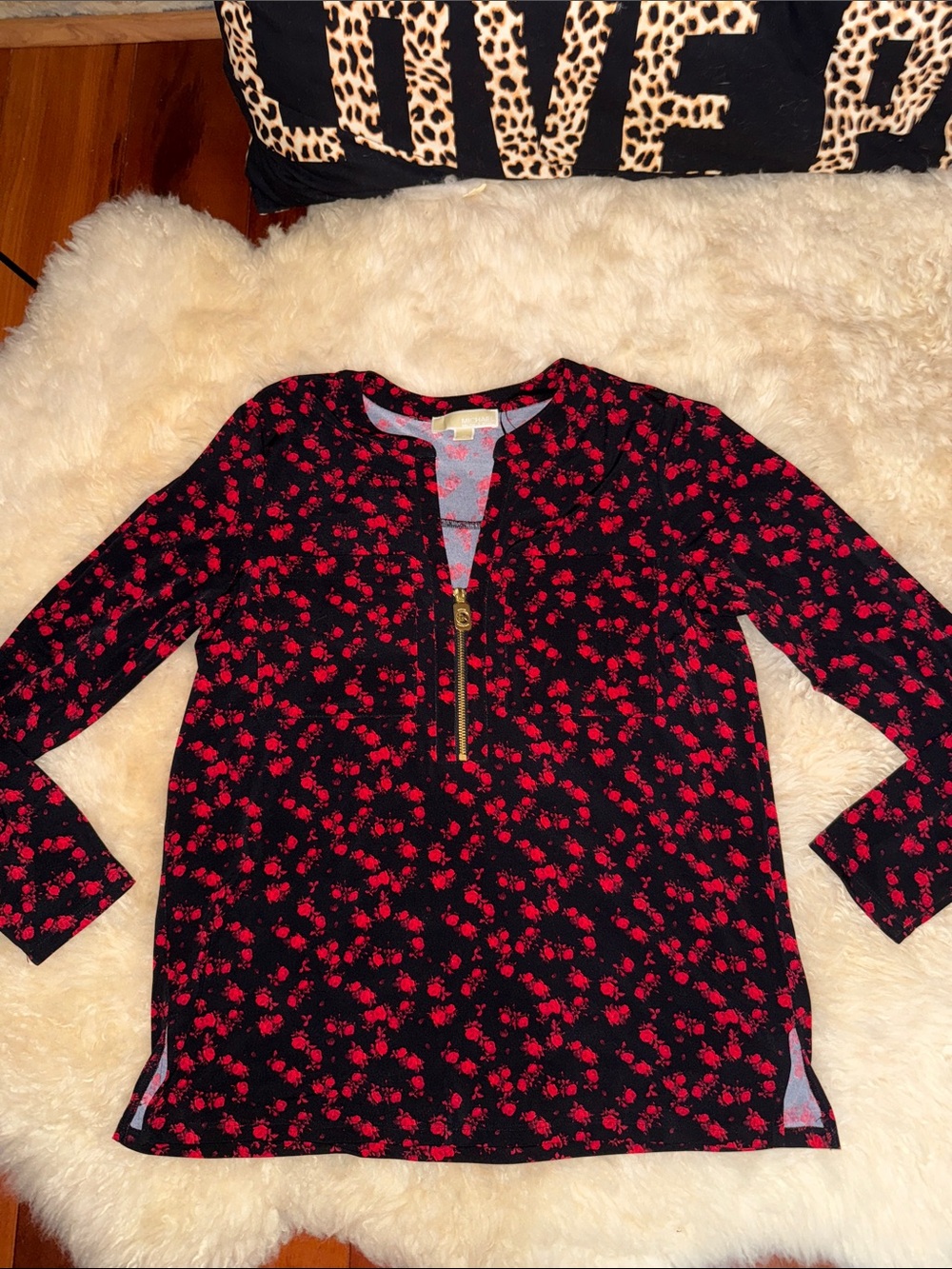 Michael Kors Black Floral Zip-Front Tunic Top with Red Roses Medium